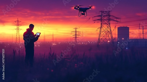 An engineer using a drone to inspect power lines at dusk, the drone flying near cables silhouetted against a vibrant orange and purple sky, the engineer watching a live feed on a handheld device, photo