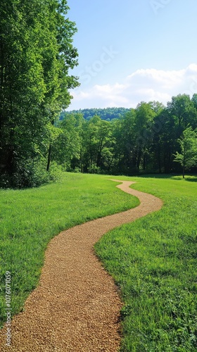 A winding path through a lush green landscape under a clear blue sky.