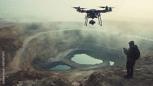 An environmental activist piloting a drone over a desert area impacted by industrial mining, drone capturing deep pits and toxic waste ponds, the activist dressed in outdoor gear,