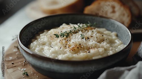 Creamy risotto dish garnished with herbs. photo