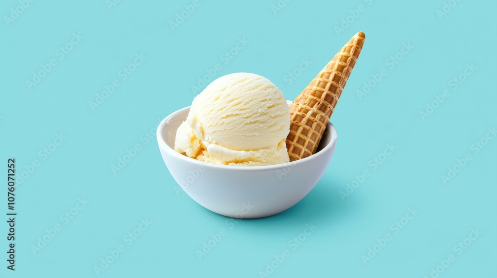 Creamy Vanilla Ice Cream Scoop in a White Bowl with a Crispy Cone Set Against a Soft Blue Background for Summer Desserts and Refreshing Treats Creamy Vanilla Ice Cream Scoop in a White Bowl with a Crispy Cone Set Against a Soft Blue Background for Summer Desserts and Refreshing Treats