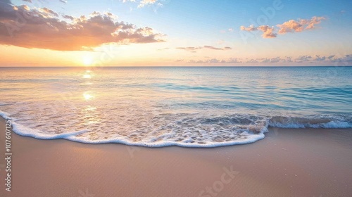 Tranquil Sunset Over Serene Beach with Gentle Waves and Soft Sand, Capturing the Beauty of Nature in a Peaceful Coastal Scene