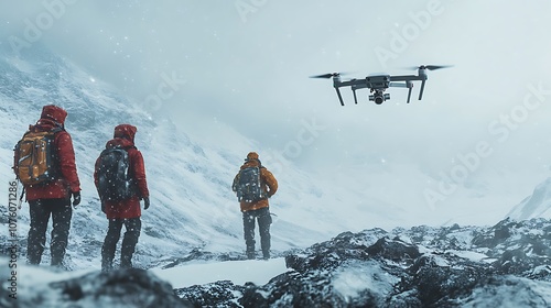 An expedition team with a scientist flying a drone over a glacier during a snowstorm, heavy snowfall obscuring parts of the landscape, the drone capturing blurred icy textures, photo