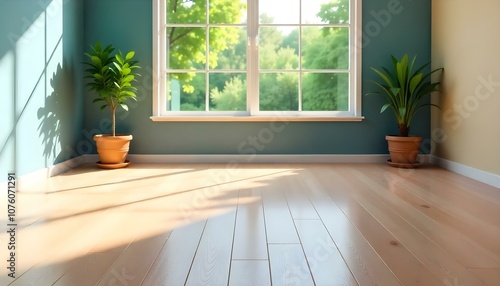 An empty room with a large window overlooking a lush green outdoor scene.