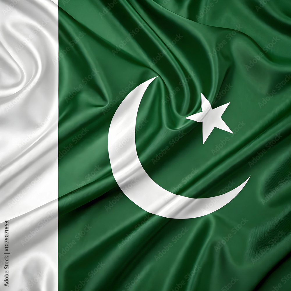 The Pakistan flag features a dark green field with a white vertical stripe, a white crescent. The Pakistan flag features a dark green field with a white vertical stripe, a white crescent.