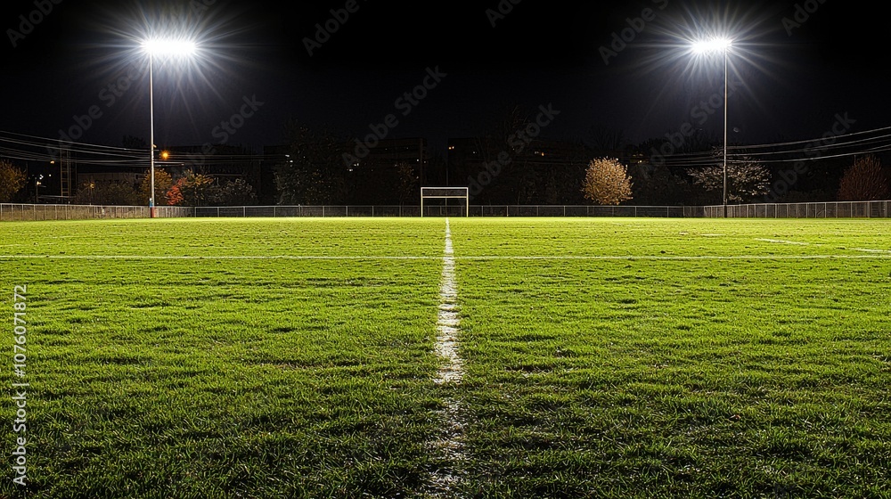 Minimalist nighttime stadium view with stark floodlights illuminating pristine field, emphasizing simplicity and purpose in sports venue design. Minimalist nighttime stadium view with stark floodlights illuminating pristine field, emphasizing simplicity and purpose in sports venue design.