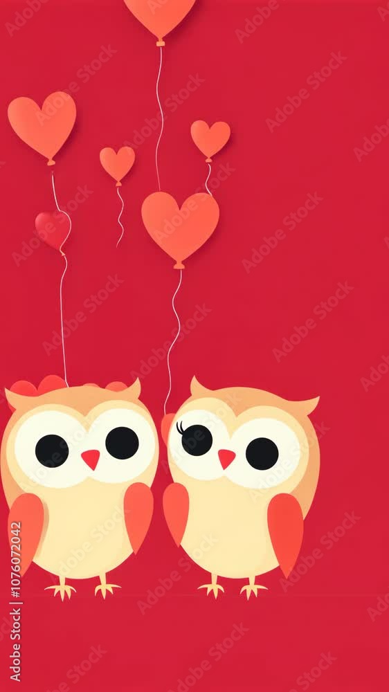 Two owls are holding onto heart-shaped balloons against a red background Two owls are holding onto heart-shaped balloons against a red background