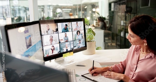Slika na platnu Video call, computer and business woman with writing, notes and creative training on screen in startup