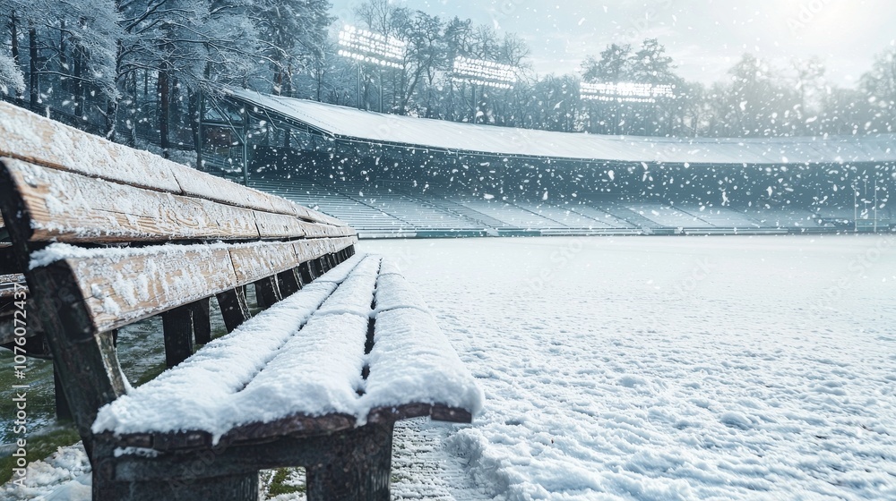 Snow-covered stadium seating creating geometric patterns in winter, emphasizing the stark contrast between white snow and dark structural elements. Snow-covered stadium seating creating geometric patterns in winter, emphasizing the stark contrast between white snow and dark structural elements.