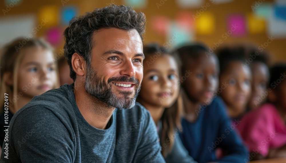 Fototapeta premium E-learning, Classroom, Online Education, Diverse Group of Children in Classroom with Teacher