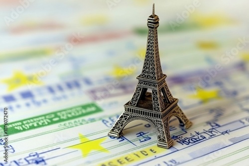 Miniature Eiffel Tower on Travel Documents