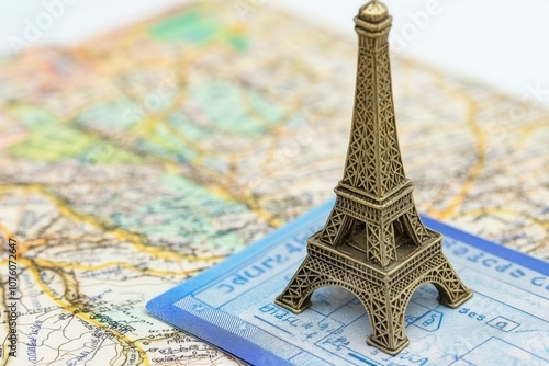 Miniature Eiffel Tower on Travel Map with Boarding Pass