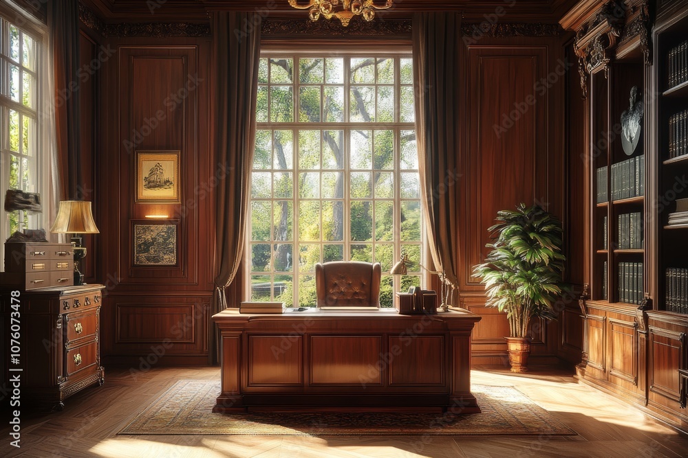 A classic wooden office interior with a large window overlooking a garden. A classic wooden office interior with a large window overlooking a garden.