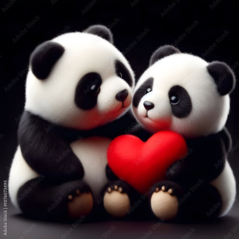 two cute panda in love with red heart two cute panda in love with red heart