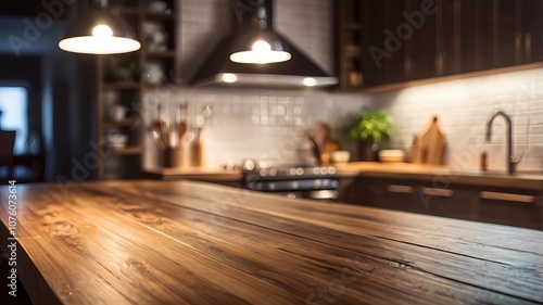 Beautiful empty wooden table top and blurred defocused modern kitchen interior background with daylight flare, product montage display.