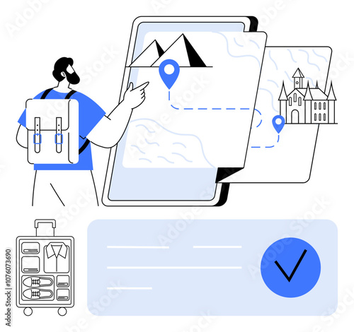 Man with backpack studying digital map, destinations marked. Packed suitcase, checkmark visible. Ideal for travel planning, vacations, digital mapping, exploring, packing tips logistic planning