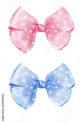 Pink and blue polka dot ribbon tied in bow. Vector watercolor illustration set