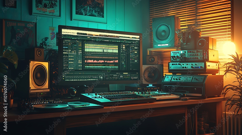 Fototapeta premium A digital music studio setup with mixing software on a large monitor next to a vintage vinyl record player, glowing LED lights contrasting with retro wood finishes, soft shadows. --ar 16:9