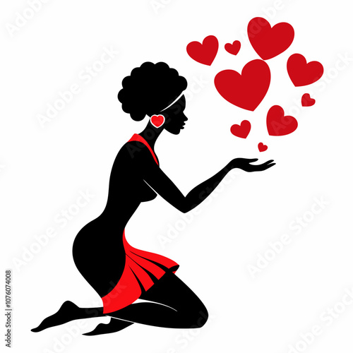 African woman sits on her knees and sends red hearts vector illustration