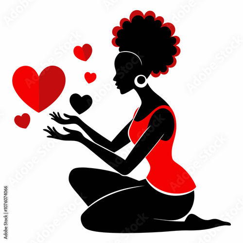 African woman sits on her knees and sends red hearts vector illustration