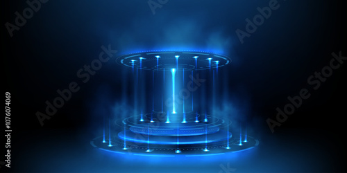 Circular podium radiates blue neon light, vertical luminous beams and misty smoke. Futuristic round stepped platform with glowing rings for high tech product promotion or sci-fi presentation space.
