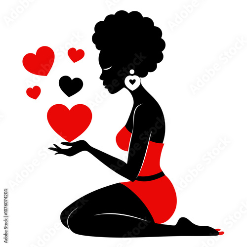 African woman sits on her knees and sends red hearts vector illustration