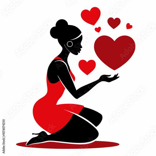 African woman sits on her knees and sends red hearts vector illustration