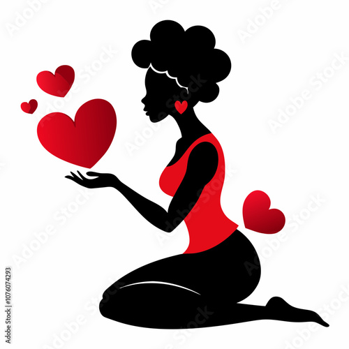 African woman sits on her knees and sends red hearts vector illustration