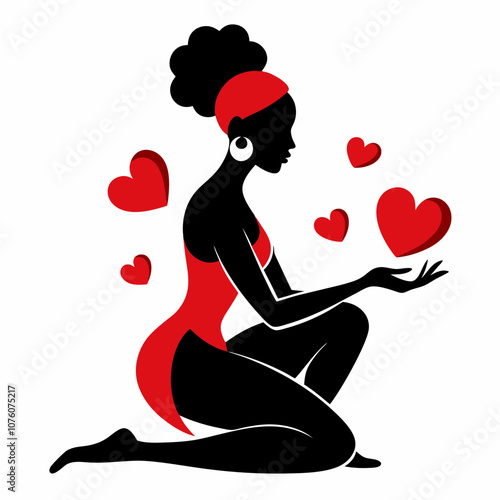 African woman sits on her knees and sends red hearts vector illustration