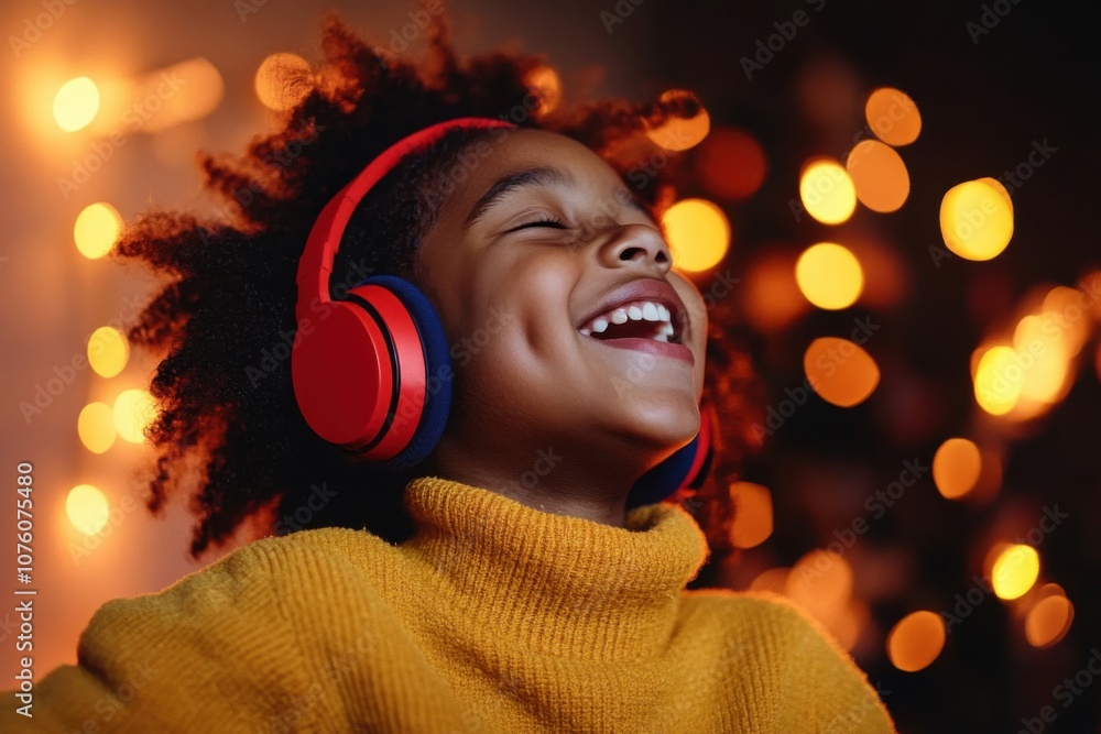 Young girl enjoying music with headphones and christmas lights Young girl enjoying music with headphones and christmas lights