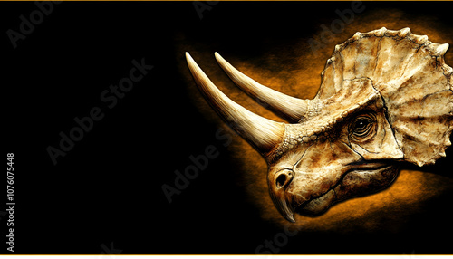 A close-up of a triceratops skull against a dark background.