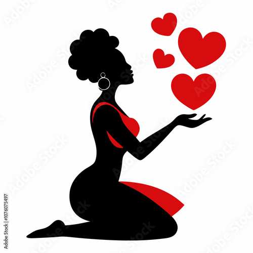 African woman sits on her knees and sends red hearts vector illustration