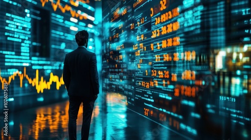 A businessman stands in a room surrounded by digital data, looking at a screen with charts and numbers.