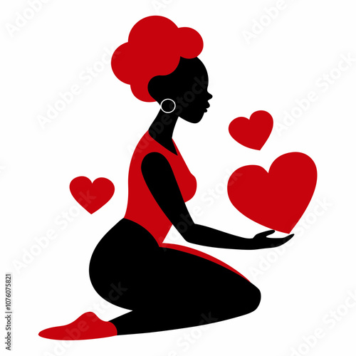 African woman sits on her knees and sends red hearts vector illustration