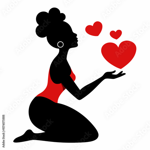 African woman sits on her knees and sends red hearts vector illustration