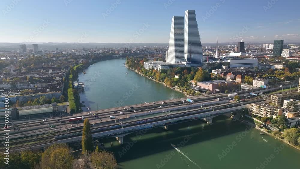 Basel with rhine river and roche towers on a clear autumn day in Switzerland, aerial view Basel with rhine river and roche towers on a clear autumn day in Switzerland, aerial view