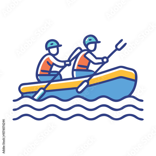 Two people rafting in inflatable boat, Vector illustration of two people paddling in an inflatable raft on wavy water, symbolizing outdoor adventure, rafting, and water sports.

