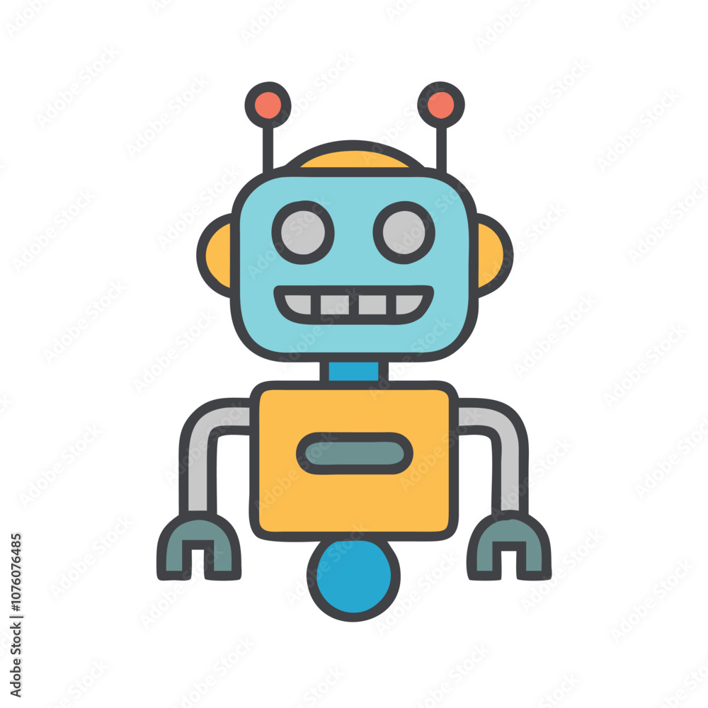 Cute robot icon with antennas and claws, Vector illustration of a friendly robot featuring antennas, round eyes, and claw hands, symbolizing technology, AI, and futuristic design.
Cute robot icon with antennas and claws, Vector illustration of a friendly robot featuring antennas, round eyes, and claw hands, symbolizing technology, AI, and futuristic design.
