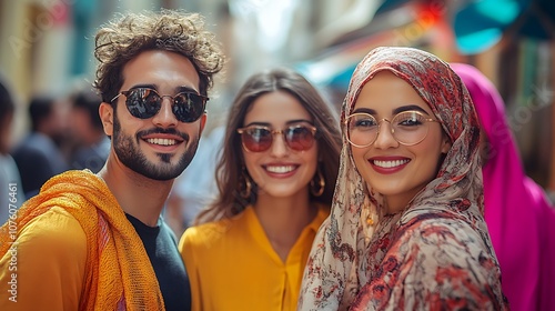 A group of friends in trendy, minimalist clothing with muted tones next to a family in rich, traditional attire, contrasting cultural heritage with modern trends, vibrant market background. --ar 16:9