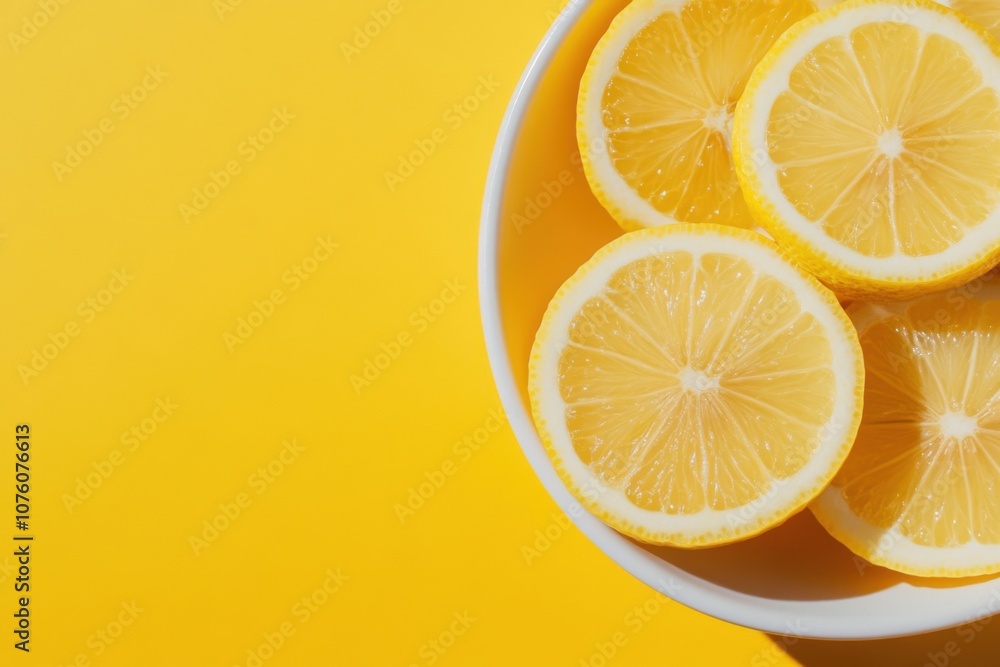 Sliced lemons filling a white bowl on vibrant yellow background Sliced lemons filling a white bowl on vibrant yellow background