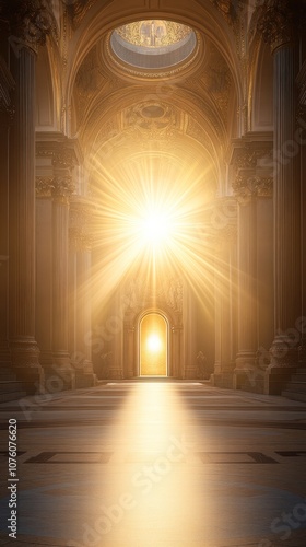 A radiant light emanates from an ornate doorway in a grand architectural space.