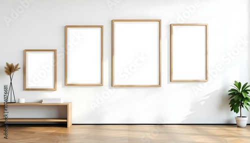 Three wooden framed empty canvases hanging on a white wall, with a small wooden table below