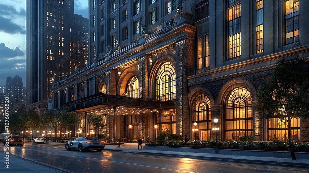 A historic train station with arched windows and ironwork alongside a contemporary high-rise, blending the romance of old architecture with the sleekness of new design, warm light from street lamps. A historic train station with arched windows and ironwork alongside a contemporary high-rise, blending the romance of old architecture with the sleekness of new design, warm light from street lamps.