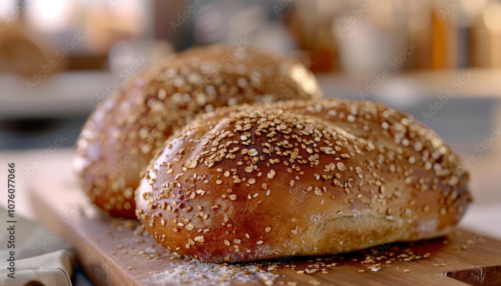 Two freshly baked loaves of bread with sesame seeds on a wooden cutting board. Two freshly baked loaves of bread with sesame seeds on a wooden cutting board.