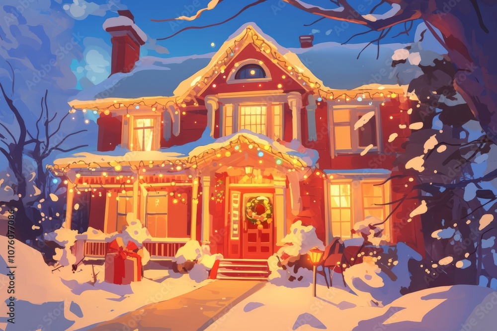 Festive gingerbread house with holiday lights strung around it and a welcoming front door, Cozy vibe, Generative AI Festive gingerbread house with holiday lights strung around it and a welcoming front door, Cozy vibe, Generative AI