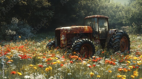 A large, rusted tractor abandoned in a field overtaken by tall grass and colorful flowers, the metal surface weathered by nature, sunlight casting soft shadows across the scene. --ar 16:9