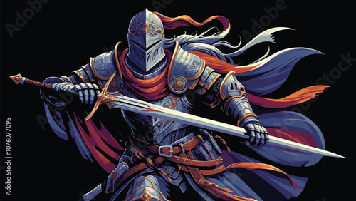 A detailed fantasy character illustration of a medieval warrior in armor, holding a sword. Emphasize realism and intricate details in the costume and weapon