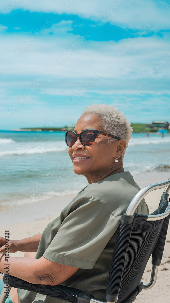 Fototapeta premium Elderly woman enjoying a peaceful moment on a sandy beach, standing with eyes closed and face lifted towards the sky, with gentle ocean waves in the background.