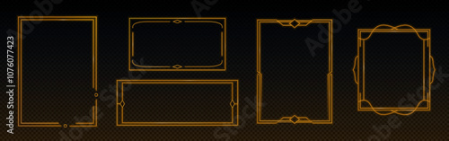 Neon orange vintage style frames set isolated on transparent background. Vector realistic illustration of elegant rectangular borders glowing in darkness, futuristic game ui elements, decoration