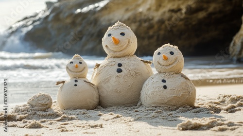 Christmas family of snowmen crafted from sand on a tropical beach, featuring creative holiday decorations with a festive winter touch in a warm coastal setting photo